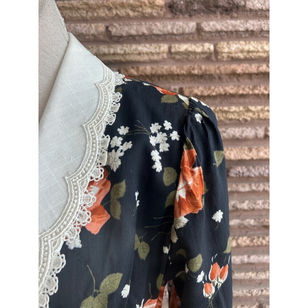Expo Vintage 90s Dress Black Floral Grunge White Lace Collar Romantic Size 14 - Picture 5 of 11